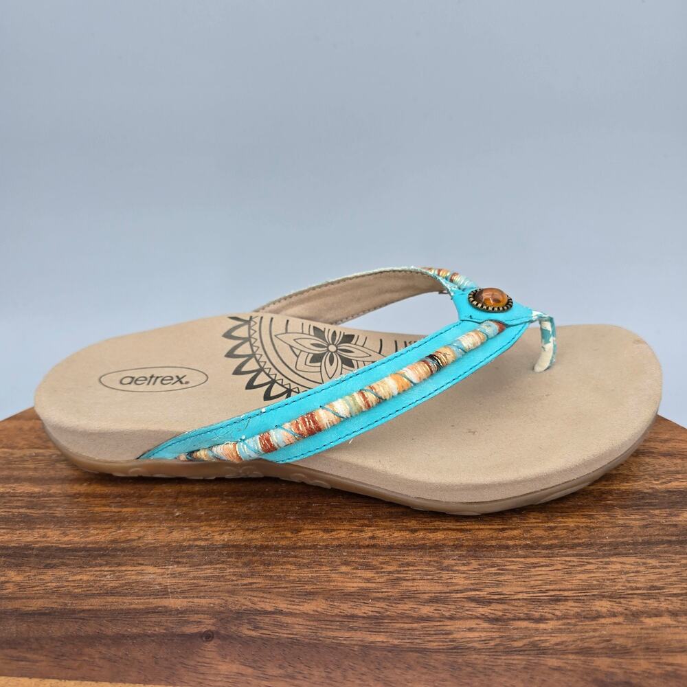 Aetrex Sandals Womens 7.5 M Turquoise Teal Braided Orthotic Thong Flip Flops